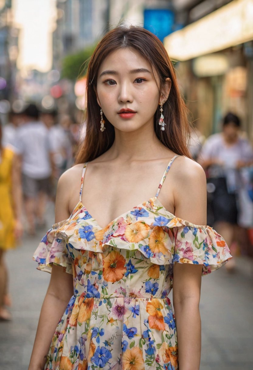 photography, realistic, raw photo, photo of a beautiful korean girl in floral printed sundress, on Seoul street, detailed iris and pupil, textured skin, realistic, intricate detailed, flash photography, realistic, amazing photo, Camera="NIKON Z9", Lens="NIKKOR Z 24-70mm f/2.8 S", "Aperture-of=f/8", "ISO=400"