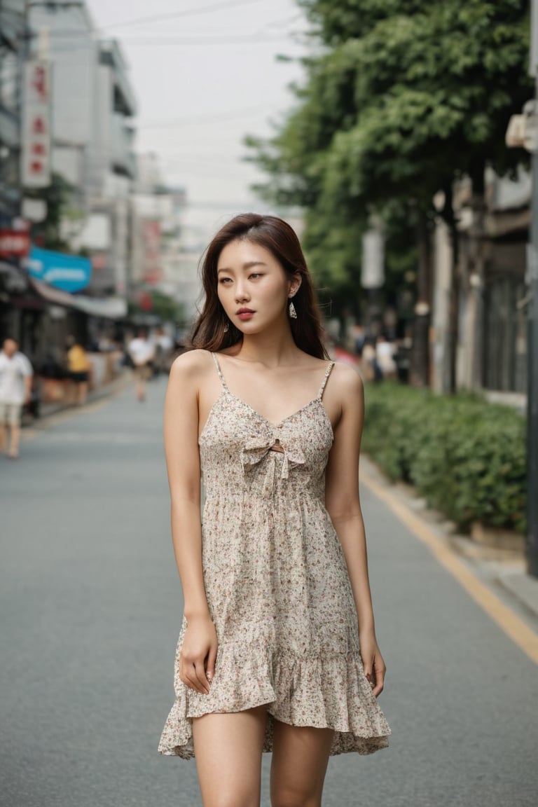 photography, realistic, raw photo, photo of a beautiful korean girl in floral printed sundress, on Seoul street