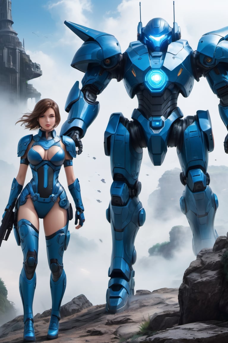 2 girls, looking around, weapons at the ready, dynamic stance, huge breasts, huge curvy hips, narrow waist, skinny, skin tight battle suit, cerulean blue, armor, futuristic, sci-fi, cyberware, cybertech, unexplored world, mist, ancient marvelous structures, ultra highres, atmosphere of mystery and danger, (detailed face:1.2), (detailed eyes:1.2), detailed background, intricate, foggy landscape, masterpiece, best quality