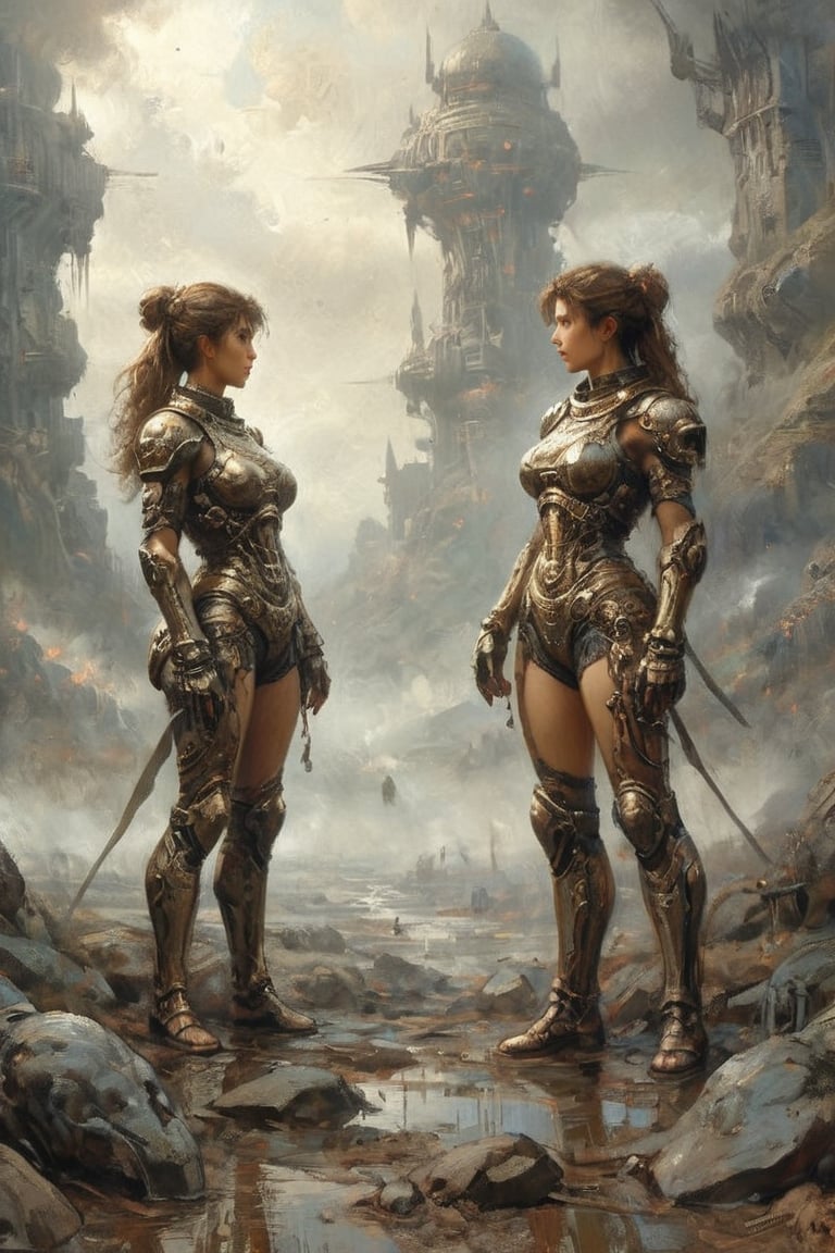 2 girls, looking around, weapons at the ready, dynamic stance, huge breasts, huge curvy hips, narrow waist, skinny, skin tight battle suit, ff6cdc color, armor, futuristic, sci-fi, cyberware, cybertech, unexplored world, mist, ancient marvelous structures, ultra highres, atmosphere of mystery and danger, (detailed face:1.2), (detailed eyes:1.2), detailed background, intricate, foggy landscape, bl1ndm5k