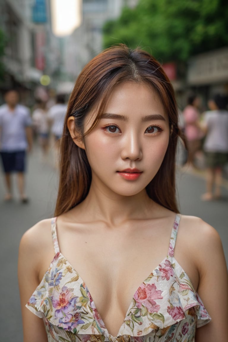 photography, realistic, raw photo, photo of a beautiful korean girl in floral printed sundress, on Seoul street, detailed iris and pupil, textured skin, realistic, intricate detailed, flash photography, realistic, amazing photo, Camera="NIKON Z9", Lens="NIKKOR Z 24-70mm f/2.8 S", "Aperture-of=f/8", "ISO=400"