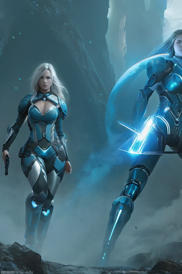 2 girls, looking around, weapons at the ready, dynamic stance, huge breasts, huge curvy hips, narrow waist, skinny, skin tight battle suit, cerulean blue, armor, futuristic, sci-fi, cyberware, cybertech, unexplored world, mist, ancient marvelous structures, ultra highres, atmosphere of mystery and danger, (detailed face:1.2), (detailed eyes:1.2), detailed background, intricate, foggy landscape, ghost person,score_9