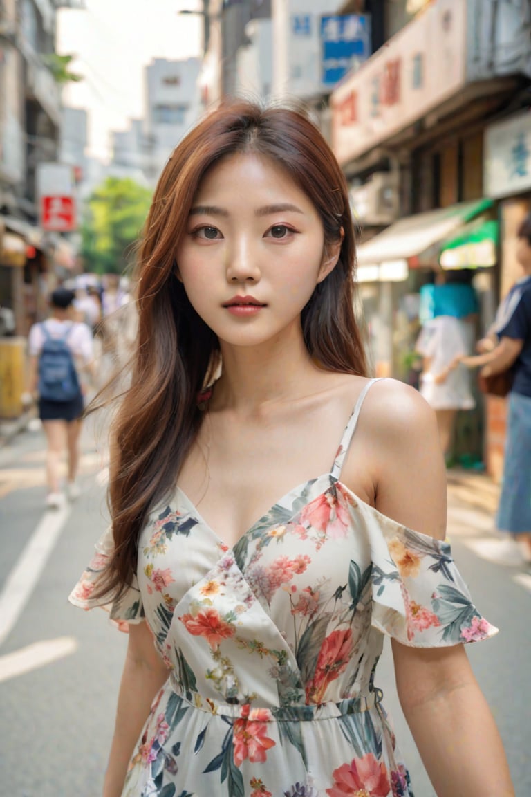 natural photo, realistic image, photo of a beautiful korean girl in floral printed sundress, on Seoul street