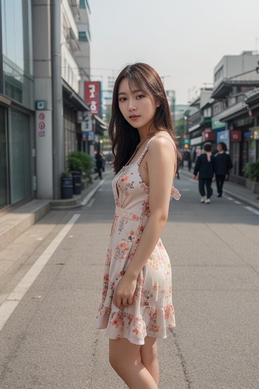 photo of a beautiful korean girl in floral printed sundress, on Seoul street, realism