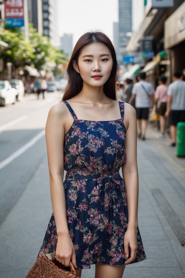 photo of a beautiful korean girl in floral printed sundress, on Seoul street