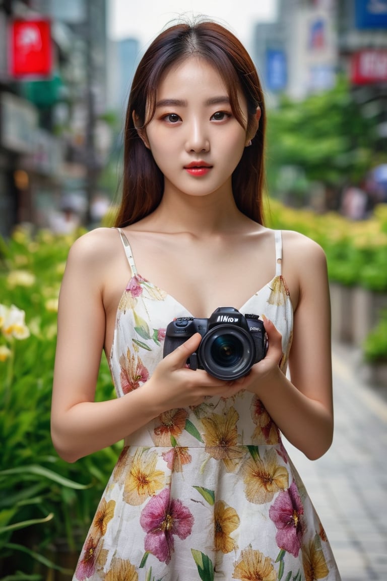 photography, realistic, raw photo, photo of a beautiful korean girl in floral printed sundress, on Seoul street, detailed iris and pupil, textured skin, realistic, intricate detailed, flash photography, realistic, amazing photo, Camera="NIKON Z9", Lens="NIKKOR Z 24-70mm f/2.8 S", "Aperture-of=f/8", "ISO=400"