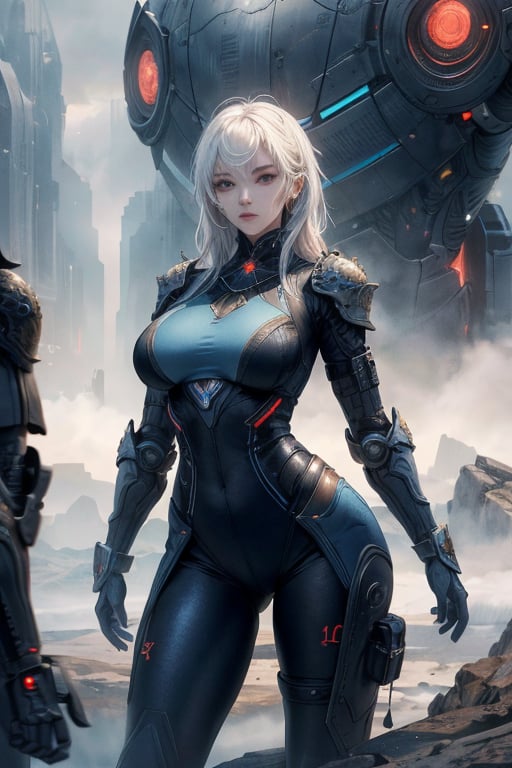 2 girls, looking around, weapons at the ready, dynamic stance, huge breasts, huge curvy hips, narrow waist, skinny, skin tight battle suit, cerulean blue, armor, futuristic, sci-fi, cyberware, cybertech, unexplored world, mist, ancient marvelous structures, ultra highres, atmosphere of mystery and danger, (detailed face:1.2), (detailed eyes:1.2), detailed background, intricate, foggy landscape, masterpiece, best quality