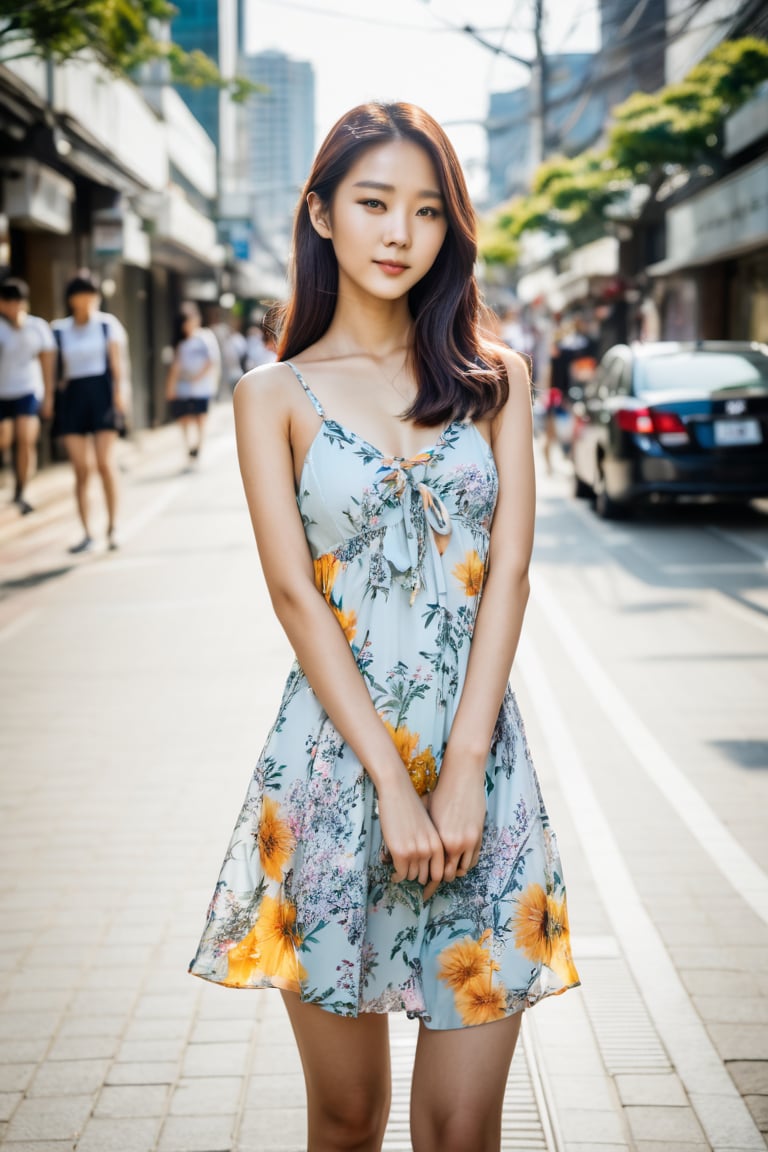  photo of a beautiful korean girl in floral printed sundress, on Seoul street