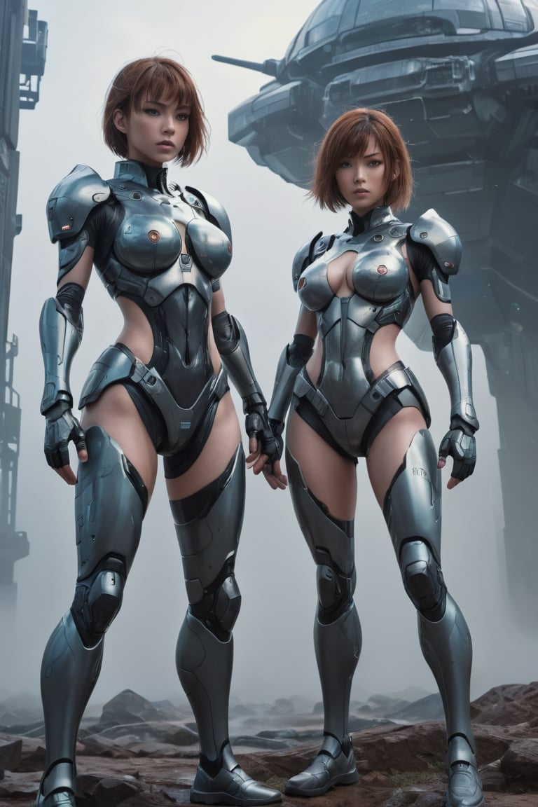 2 girls, looking around, weapons at the ready, dynamic stance, huge breasts, huge curvy hips, narrow waist, skinny, skin tight battle suit, color #ff6cdc, armor, futuristic, sci-fi, cyberware, cybertech, unexplored world, mist, ancient marvelous structures, ultra highres, atmosphere of mystery and danger, (detailed face:1.2), (detailed eyes:1.2), detailed background, intricate, foggy landscape