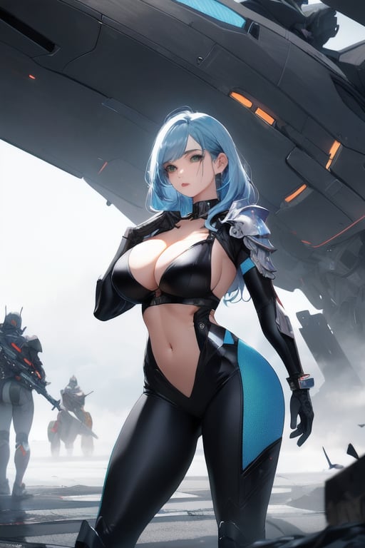 2 girls, looking around, weapons at the ready, dynamic stance, huge breasts, huge curvy hips, narrow waist, skinny, skin tight battle suit, cerulean blue, armor, futuristic, sci-fi, cyberware, cybertech, unexplored world, mist, ancient marvelous structures, ultra highres, atmosphere of mystery and danger, (detailed face:1.2), (detailed eyes:1.2), detailed background, intricate, foggy landscape, masterpiece, best quality