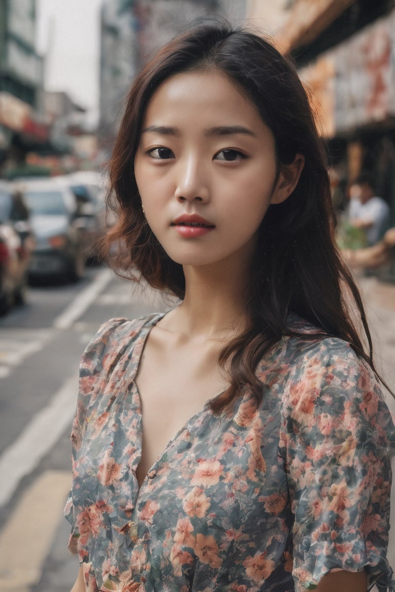 photography, realistic, raw photo, photo of a beautiful korean girl in floral printed sundress, on Seoul street