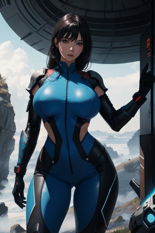 2 girls, looking around, weapons at the ready, dynamic stance, huge breasts, huge curvy hips, narrow waist, skinny, skin tight battle suit, cerulean blue, armor, futuristic, sci-fi, cyberware, cybertech, unexplored world, mist, ancient marvelous structures, ultra highres, atmosphere of mystery and danger, (detailed face:1.2), (detailed eyes:1.2), detailed background, intricate, foggy landscape, masterpiece, best quality