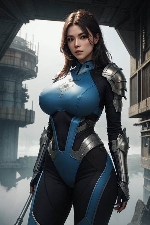 2 girls, looking around, weapons at the ready, dynamic stance, huge breasts, huge curvy hips, narrow waist, skinny, skin tight battle suit, cerulean blue, armor, futuristic, sci-fi, cyberware, cybertech, unexplored world, mist, ancient marvelous structures, ultra highres, atmosphere of mystery and danger, (detailed face:1.2), (detailed eyes:1.2), detailed background, intricate, foggy landscape, masterpiece, best quality