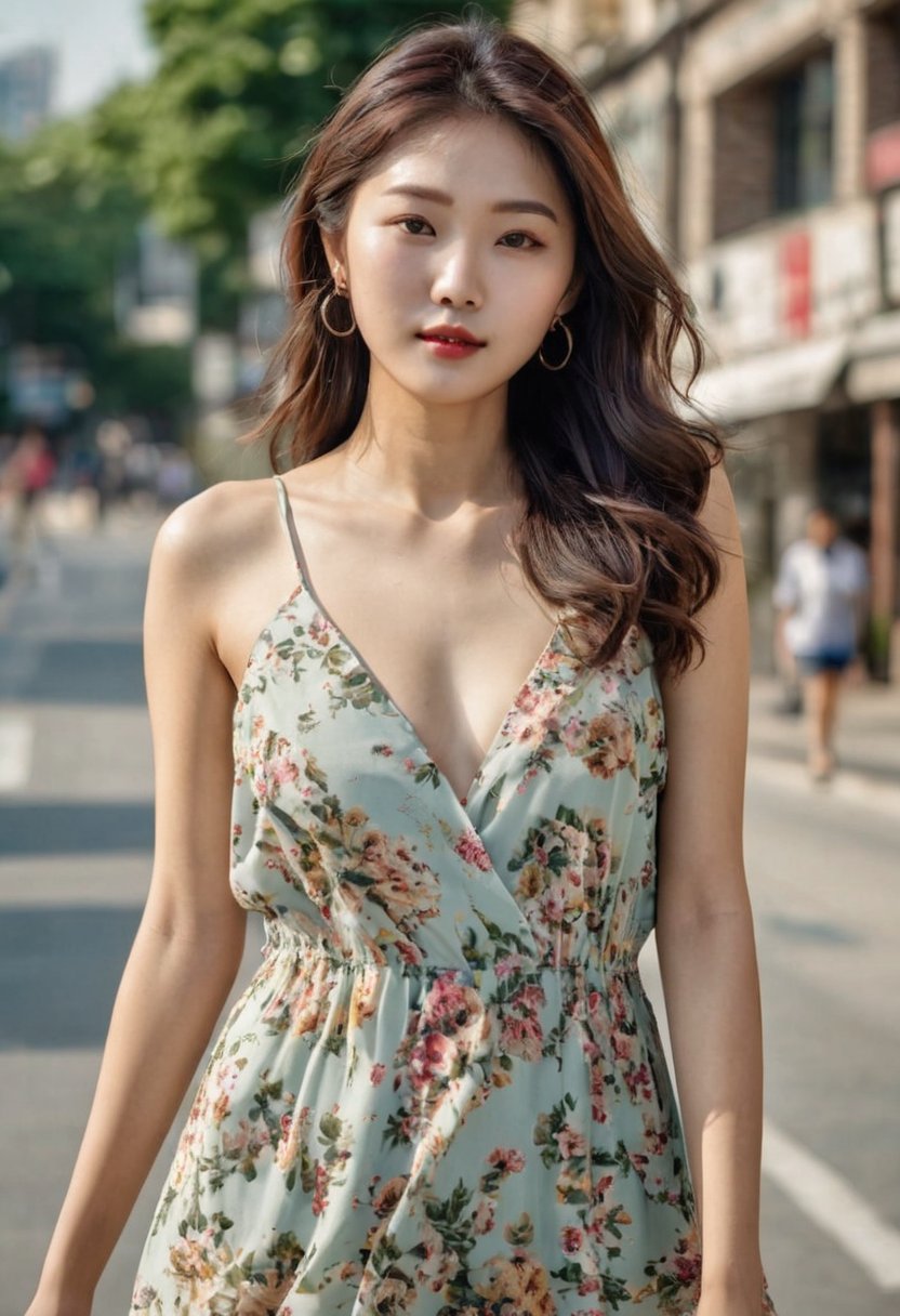 photography, realistic, raw photo, photo of a beautiful korean girl in floral printed sundress, on Seoul street