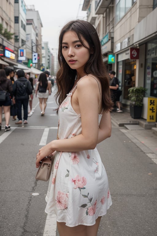 photo of a beautiful korean girl in floral printed sundress, on Seoul street, realism