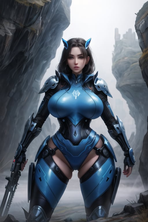 2 girls, looking around, weapons at the ready, dynamic stance, huge breasts, huge curvy hips, narrow waist, skinny, skin tight battle suit, cerulean blue, armor, futuristic, sci-fi, cyberware, cybertech, unexplored world, mist, ancient marvelous structures, ultra highres, atmosphere of mystery and danger, (detailed face:1.2), (detailed eyes:1.2), detailed background, intricate, foggy landscape, masterpiece, best quality