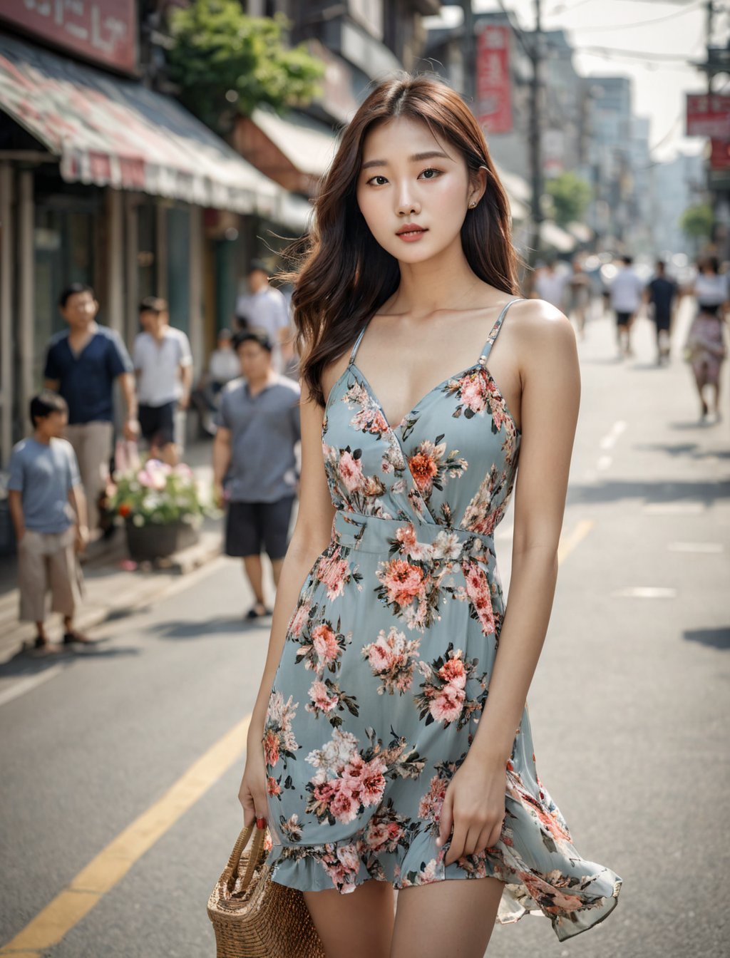 photography, realistic, raw photo, photo of a beautiful korean girl in floral printed sundress, on Seoul street