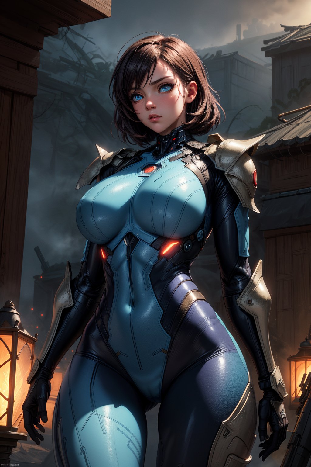 ((Masterpiece)), best quality, 8k, extremely high quality, highly detailed, extremely detailed, ambient soft lighting, 2 girls, looking around, weapons at the ready, dynamic stance, huge breasts, huge curvy hips, narrow waist, skinny, skin tight battle suit, cerulean blue, armor, futuristic, sci-fi, cyberware, cybertech, unexplored world, mist, ancient marvelous structures, ultra highres, atmosphere of mystery and danger, (detailed face:1.2), (detailed eyes:1.2), detailed background, intricate, foggy landscape, adult dark fantasy