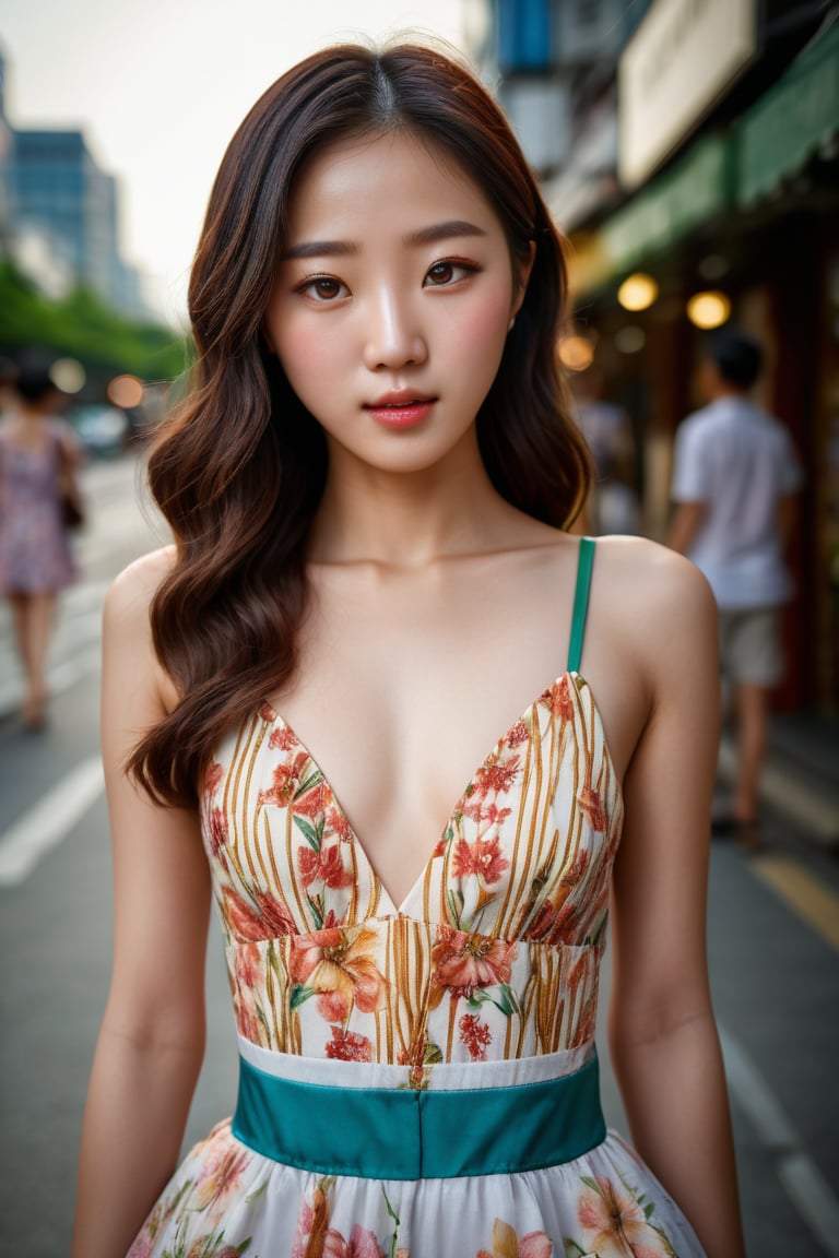 photography, realistic, raw photo, photo of a beautiful korean girl in floral printed sundress, on Seoul street, detailed iris and pupil, textured skin, realistic, intricate detailed, flash photography, realistic, amazing photo, Camera="NIKON Z9", Lens="NIKKOR Z 24-70mm f/2.8 S", "Aperture-of=f/8", "ISO=400"