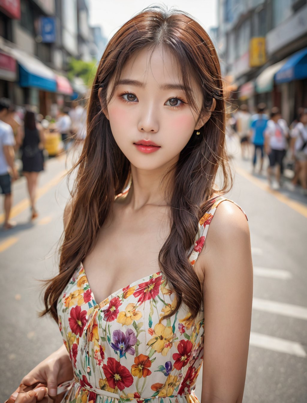 photography, realistic, raw photo, photo of a beautiful korean girl in floral printed sundress, on Seoul street, detailed iris and pupil, textured skin, realistic, intricate detailed, flash photography, realistic, amazing photo, Camera="NIKON Z9", Lens="NIKKOR Z 24-70mm f/2.8 S", "Aperture-of=f/8", "ISO=400"