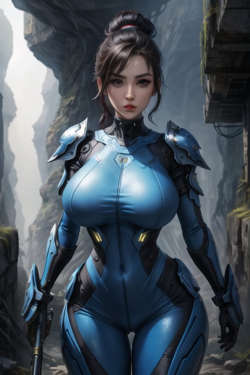 2 girls, looking around, weapons at the ready, dynamic stance, huge breasts, huge curvy hips, narrow waist, skinny, skin tight battle suit, cerulean blue, armor, futuristic, sci-fi, cyberware, cybertech, unexplored world, mist, ancient marvelous structures, ultra highres, atmosphere of mystery and danger, (detailed face:1.2), (detailed eyes:1.2), detailed background, intricate, foggy landscape, masterpiece, best quality