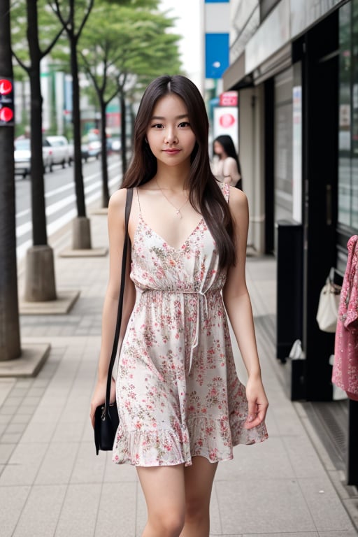 photo, photography, photo of a beautiful korean girl in floral printed sundress, on Seoul street