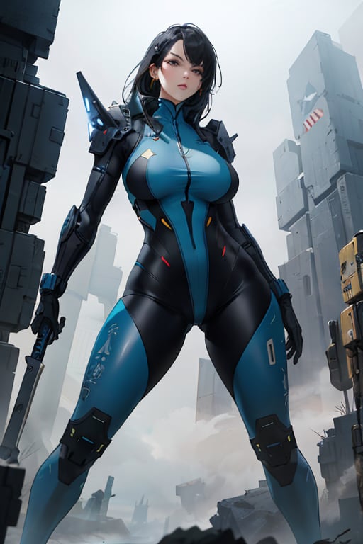 2 girls, looking around, weapons at the ready, dynamic stance, huge breasts, huge curvy hips, narrow waist, skinny, skin tight battle suit, cerulean blue, armor, futuristic, sci-fi, cyberware, cybertech, unexplored world, mist, ancient marvelous structures, ultra highres, atmosphere of mystery and danger, (detailed face:1.2), (detailed eyes:1.2), detailed background, intricate, foggy landscape, masterpiece, best quality