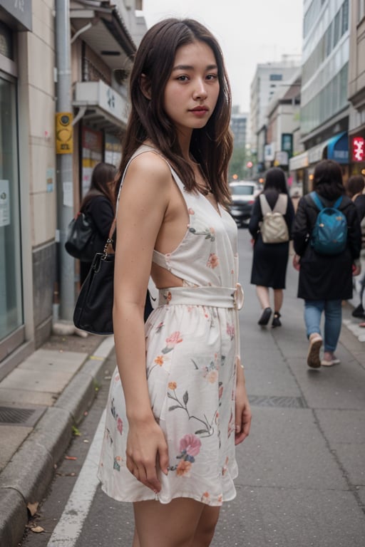 photo of a beautiful korean girl in floral printed sundress, on Seoul street, realism