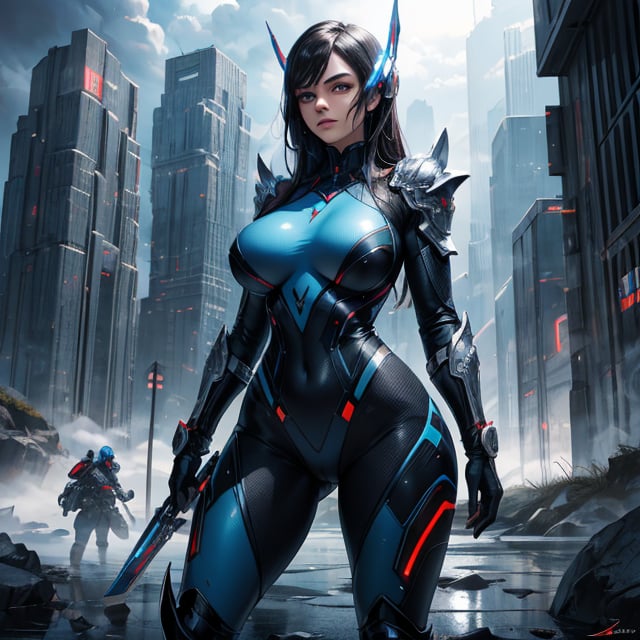 masterpiece, best quality, ultra-detailed, 8K, highly detailed, colorful, 2 girls, looking around, weapons at the ready, dynamic stance, huge breasts, huge curvy hips, narrow waist, skinny, skin tight battle suit, cerulean blue, armor, futuristic, sci-fi, cyberware, cybertech, unexplored world, mist, ancient marvelous structures, ultra highres, atmosphere of mystery and danger, (detailed face:1.2), (detailed eyes:1.2), detailed background, intricate, foggy landscape