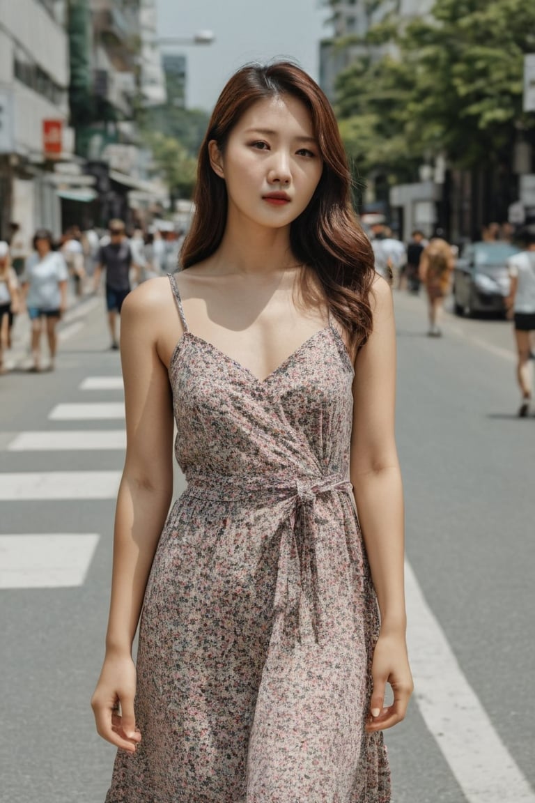 photography, realistic, raw photo, photo of a beautiful korean girl in floral printed sundress, on Seoul street