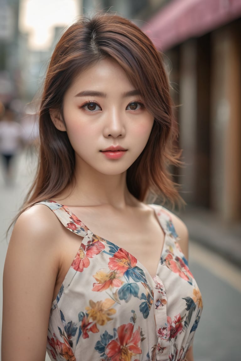 photo of a beautiful korean girl in floral printed sundress, on Seoul street, realistic, looking at viewer, detailed iris and pupil, textured skin, (8k, RAW photo, best quality, masterpiece:1.2), ultra detailed,(photo realistic:1.4), highly detailed background, shot on Hasselblad X2D 100C,ISO 50, narrow shallow depth of field, bokeh, sharp focus on subject