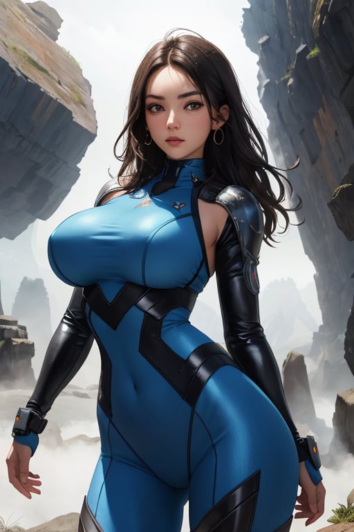 2 girls, looking around, weapons at the ready, dynamic stance, huge breasts, huge curvy hips, narrow waist, skinny, skin tight battle suit, cerulean blue, armor, futuristic, sci-fi, cyberware, cybertech, unexplored world, mist, ancient marvelous structures, ultra highres, atmosphere of mystery and danger, (detailed face:1.2), (detailed eyes:1.2), detailed background, intricate, foggy landscape, masterpiece, best quality