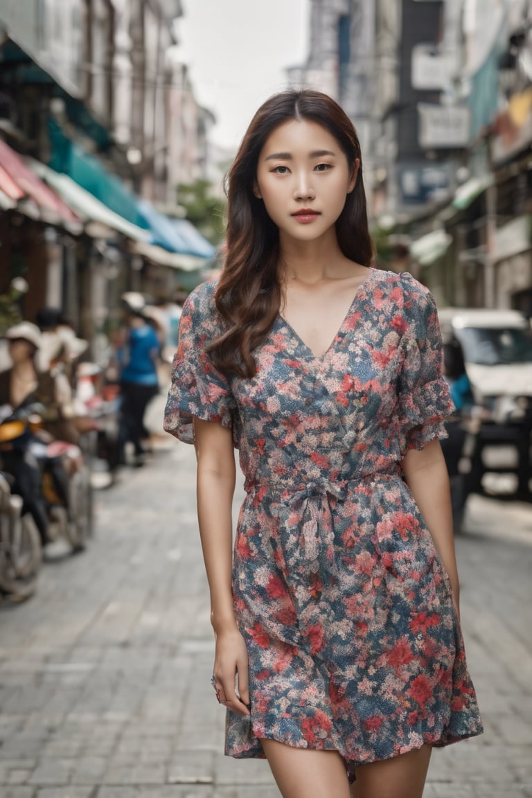 photography, realistic, raw photo, photo of a beautiful korean girl in floral printed sundress, on Seoul street