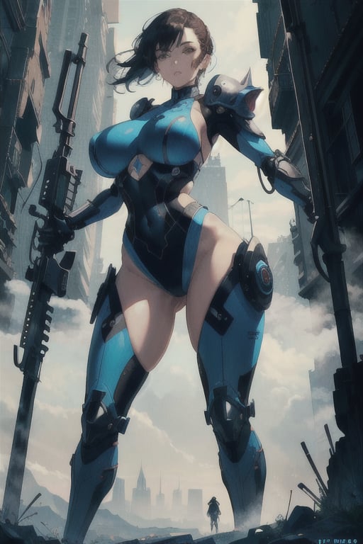 2 girls, looking around, weapons at the ready, dynamic stance, huge breasts, huge curvy hips, narrow waist, skinny, skin tight battle suit, cerulean blue, armor, futuristic, sci-fi, cyberware, cybertech, unexplored world, mist, ancient marvelous structures, ultra highres, atmosphere of mystery and danger, (detailed face:1.2), (detailed eyes:1.2), detailed background, intricate, foggy landscape, masterpiece, best quality