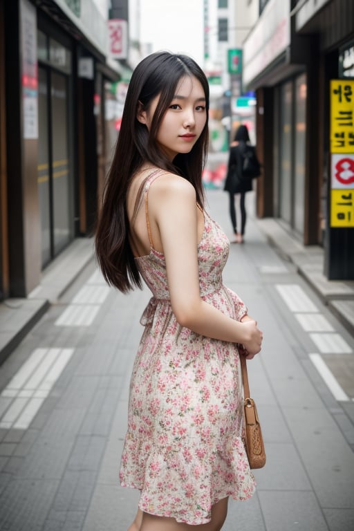 photo, photography, photo of a beautiful korean girl in floral printed sundress, on Seoul street