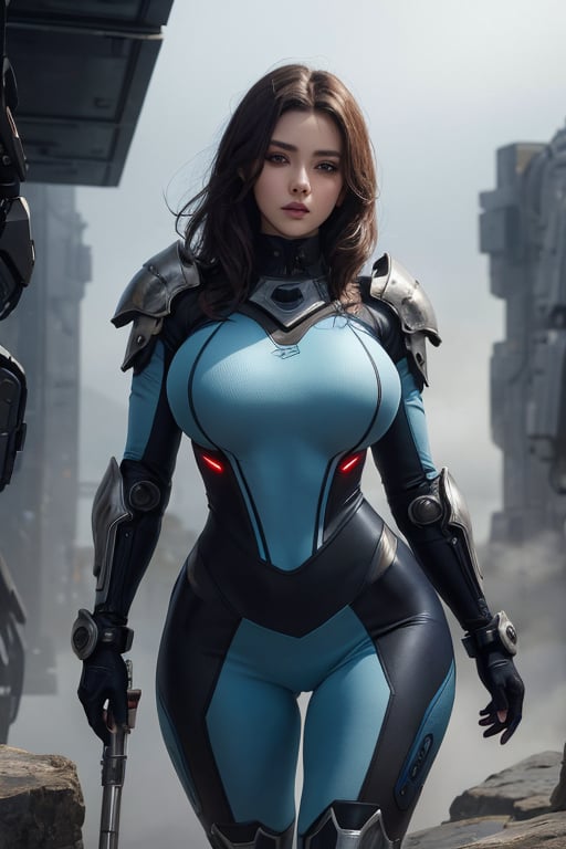 2 girls, looking around, weapons at the ready, dynamic stance, huge breasts, huge curvy hips, narrow waist, skinny, skin tight battle suit, cerulean blue, armor, futuristic, sci-fi, cyberware, cybertech, unexplored world, mist, ancient marvelous structures, ultra highres, atmosphere of mystery and danger, (detailed face:1.2), (detailed eyes:1.2), detailed background, intricate, foggy landscape, masterpiece, best quality