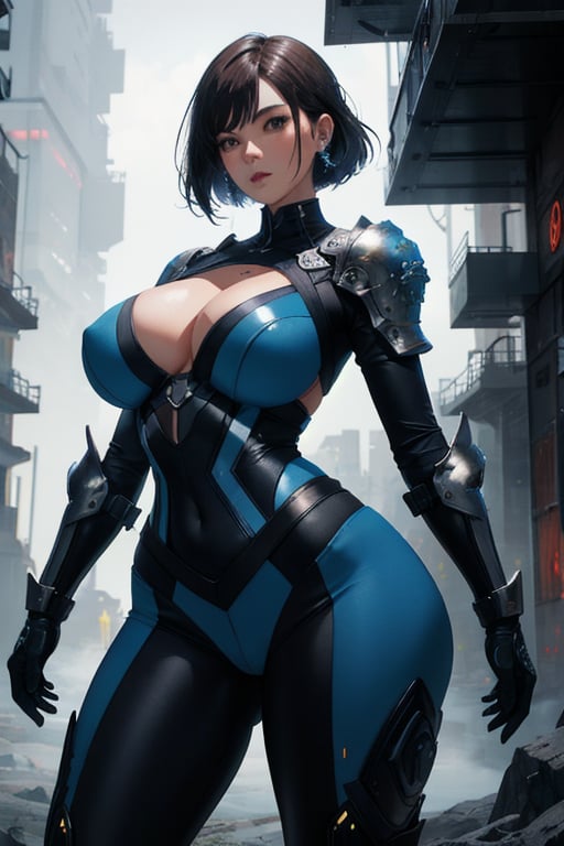 2 girls, looking around, weapons at the ready, dynamic stance, huge breasts, huge curvy hips, narrow waist, skinny, skin tight battle suit, cerulean blue, armor, futuristic, sci-fi, cyberware, cybertech, unexplored world, mist, ancient marvelous structures, ultra highres, atmosphere of mystery and danger, (detailed face:1.2), (detailed eyes:1.2), detailed background, intricate, foggy landscape, masterpiece, best quality