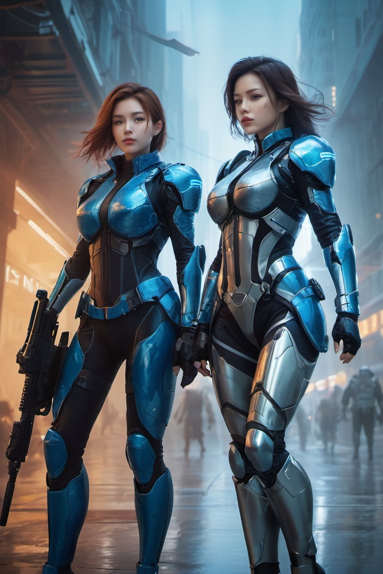 2 girls, looking around, weapons at the ready, dynamic stance, huge breasts, huge curvy hips, narrow waist, skinny, skin tight battle suit, cerulean blue, armor, futuristic, sci-fi, cyberware, cybertech, unexplored world, mist, ancient marvelous structures, ultra highres, atmosphere of mystery and danger, (detailed face:1.2), (detailed eyes:1.2), detailed background, intricate, foggy landscape, masterpiece, best quality