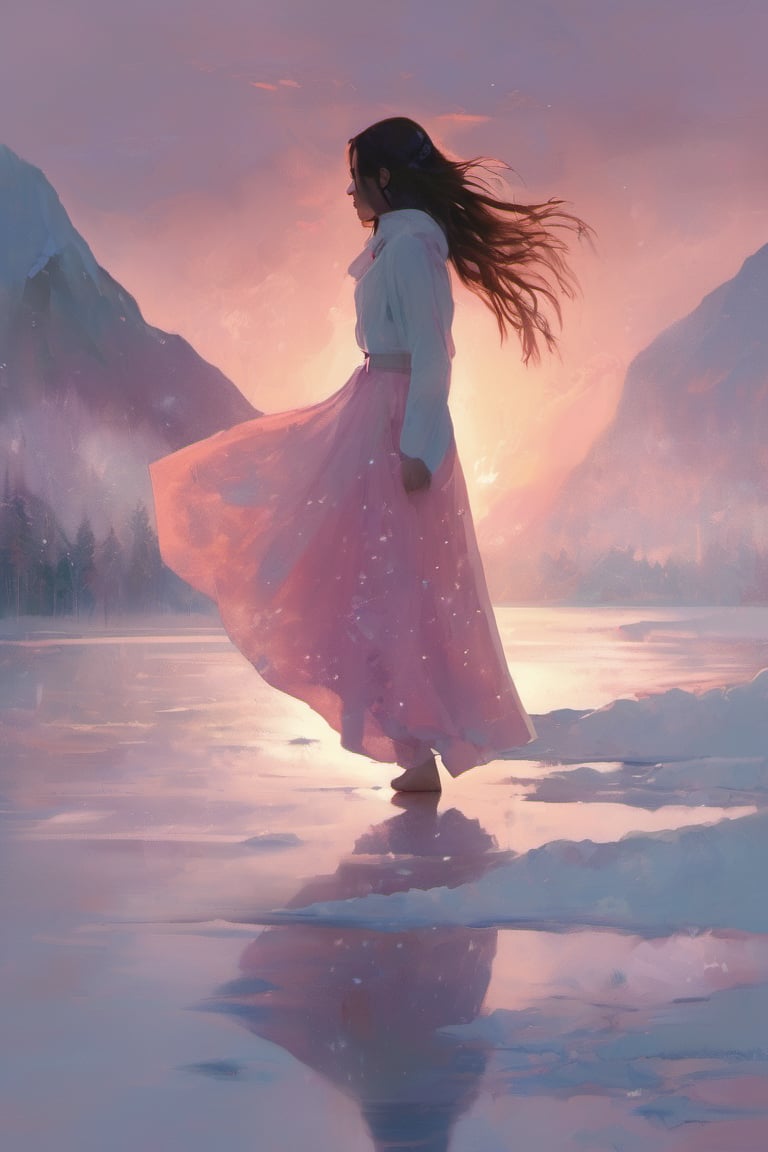 oil painting, watercolor wash splash, brush stroke texture, negative space, void, empty space, 

1girl, (cute young girl), scarf, (very long straight hair floating in the air), full body, floating long white translucent iridescent skirt shining like crystal glass and water reflecting light, (backlight:0.5), (silhouette:0.1), bare foot, foreground blur, 

The background is heavily snowing cascading mountains ridges, harsh blizzard, cliff, misty lake, very chilly cold and windy, snowflakes splashing light in air, romantic atmospheric, golden hour, golgen pink sunset, 
