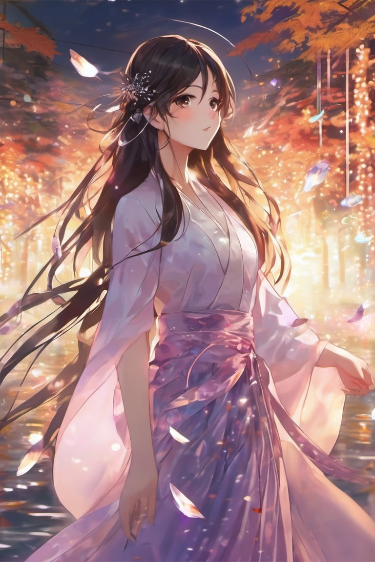 (anime:1.4), (((studio anime))), best quality, masterpiece, highly detailed foreground, ambient lighting, ultra-fine painting, extreme detail description, bokeh, side view, beautiful rendering, (blurry realistic very low saturation background), professional, healing,

1girl, beautiful young girl, delicate hair with crystal leaf shape accessories, crystal earrings, (very long straight hair floating in the air blow by the wind), upper body, face closeup, vacant eyes look into distance, floating long light purple translucent iridescent skirt like crystal and water, (backlight:1.4), (silhouette:1.1),

night, background is japanese traditional street, colorful maple leaves, sparkling light on the water's surface, blurry foreground, water splashing light in air, romantic atmospheric background