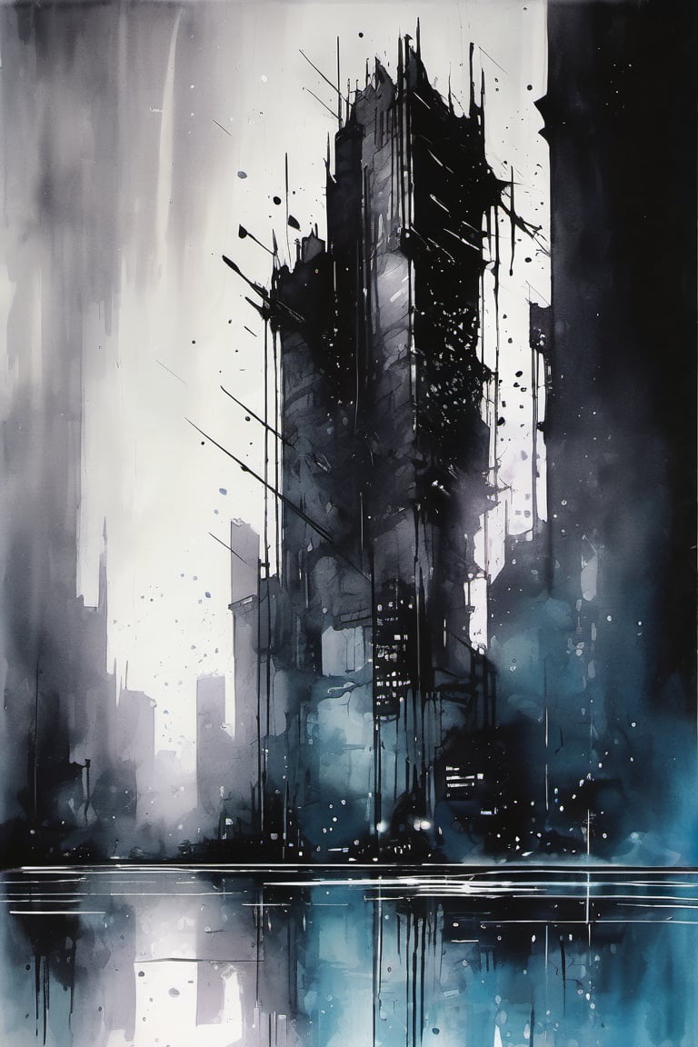 void, left blank, ultra fine painting, water ink splash, cyberpunk dark mega city side view, reflection, (cold-tone), (gravity defying skyscraper), 