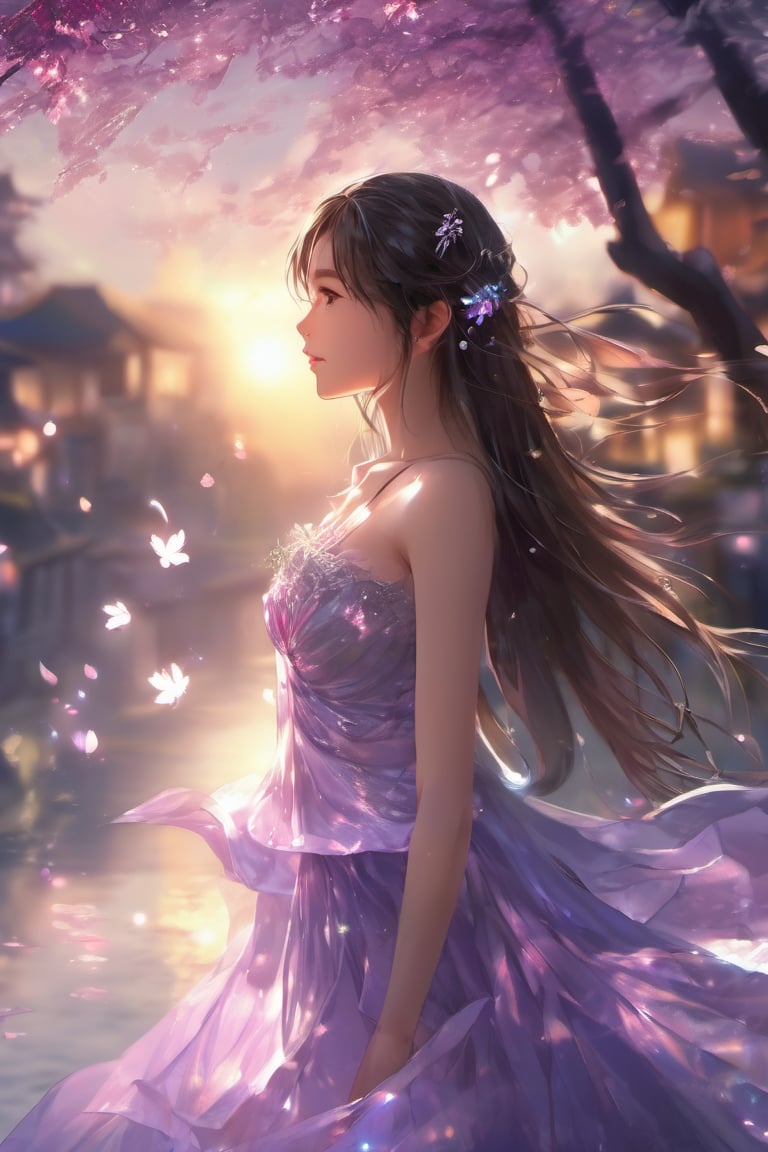 (anime:1.4), (((studio anime))), best quality, masterpiece, highly detailed foreground, ambient lighting, ultra-fine painting, extreme detail description, bokeh, side view, beautiful rendering, (blurry realistic very low saturation background), professional, healing,

1girl, beautiful young girl, delicate hair with crystal leaf shape accessories, crystal earrings, (very long straight hair floating in the air blow by the wind), upper body, face closeup, vacant eyes look into distance, floating long light purple translucent iridescent skirt like crystal and water, (backlight:1.4), (silhouette:1.1),

night, background is japanese traditional street, colorful maple leaves, sparkling light on the water's surface, blurry foreground, water splashing light in air, romantic atmospheric background