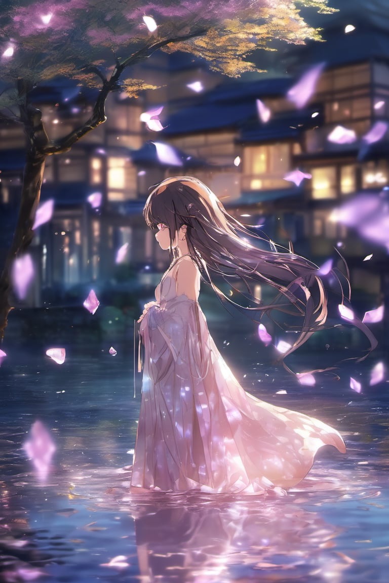 (anime:1.4), (((studio anime))), best quality, masterpiece, highly detailed foreground, ambient lighting, ultra-fine painting, extreme detail description, bokeh, side view, beautiful rendering, (blurry realistic very low saturation background), professional, healing,

1girl, beautiful young girl, delicate hair with crystal leaf shape accessories, crystal earrings, (very long straight hair floating in the air blow by the wind), upper body, face closeup, vacant eyes look into distance, floating long light purple translucent iridescent skirt like crystal and water, (backlight:1.4), (silhouette:1.1),

night, background is japanese traditional street, colorful maple leaves, sparkling light on the water's surface, blurry foreground, water splashing light in air, romantic atmospheric background