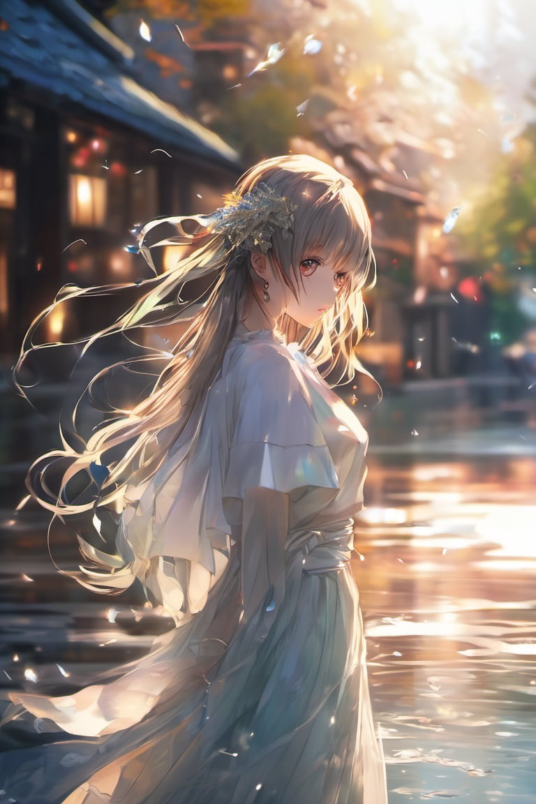 (anime:1.4), (((studio anime))), best quality, masterpiece, highly detailed foreground, ambient lighting, ultra-fine painting, extreme detail description, bokeh, side view, beautiful rendering, (blurry realistic very low saturation background), professional, healing,

1girl, beautiful young girl, delicate hair with crystal leaf shape accessories, crystal earrings, (very long straight hair floating in the air blow by the wind), upper body, face closeup, vacant eyes look into distance, floating long white translucent iridescent skirt like crystal and water, (backlight:1.4), (silhouette:1.1),

night, background is japanese traditional street, colorful maple leaves, sparkling light on the water's surface, blurry foreground, water splashing light in air, romantic atmospheric background