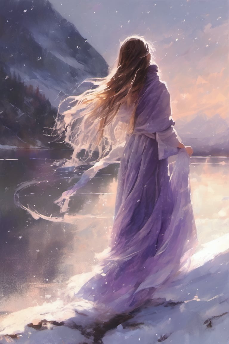 oil painting, watercolor wash splash, brush stroke texture, negative space, void, empty space, 

1girl, (cute young girl), scarf, (very long straight hair floating in the air), full body, floating long white translucent iridescent skirt shining like crystal and water reflecting light, (backlight:0.5), (silhouette:0.1), bare foot, foreground blur, 

The background is heavily snowing cascading mountains ridges, harsh blizzard, cliff, misty lake, very chilly cold and windy, snowflakes splashing light in air, romantic atmospheric, golden hour, purple pink sunset, 
