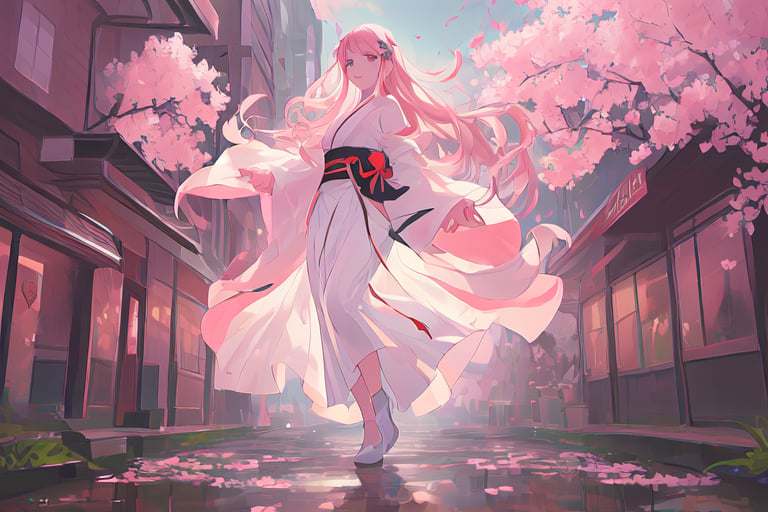 anime, (studio anime:1.3), masterpiece, best quality, high-res, extremely detailed, perfect lighting, bokeh, beautiful rendering, professional, paintbrush, lonely, 
1 woman, beautiful young woman, delicate eyes, pink lips, delicate hair with leaf shape accessories, (very long straight hair flowing), full body, side view, flowing long white skirt like crystal and silk, (backlight:0.5), (silhouette:0.1),
daylight, japanese traditional street, sakura blossom, sparkling light on the wet ground, petals splashing light in air, romantic atmospheric background