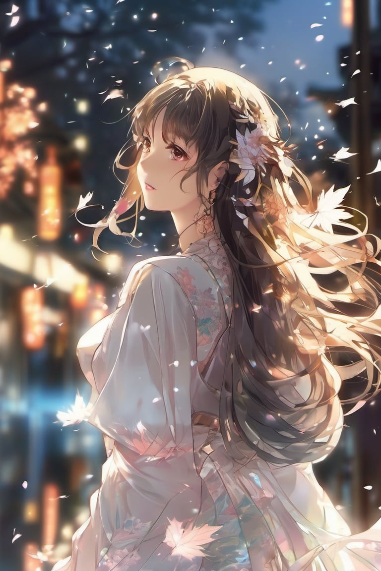 (anime:1.4), (((studio anime))), best quality, masterpiece, highly detailed foreground, ambient lighting, ultra-fine painting, extreme detail description, bokeh, side view, beautiful rendering, (blurry realistic very low saturation background), professional, healing,

1girl, beautiful young girl, delicate hair with crystal leaf shape accessories, crystal earrings, (very long straight hair floating in the air blow by the wind), upper body, face closeup, vacant eyes look into distance, floating long white translucent iridescent skirt like crystal and water, (backlight:1.4), (silhouette:1.1),

night, background is japanese traditional street, colorful maple leaves, sparkling light on the water's surface, blurry foreground, water splashing light in air, romantic atmospheric background