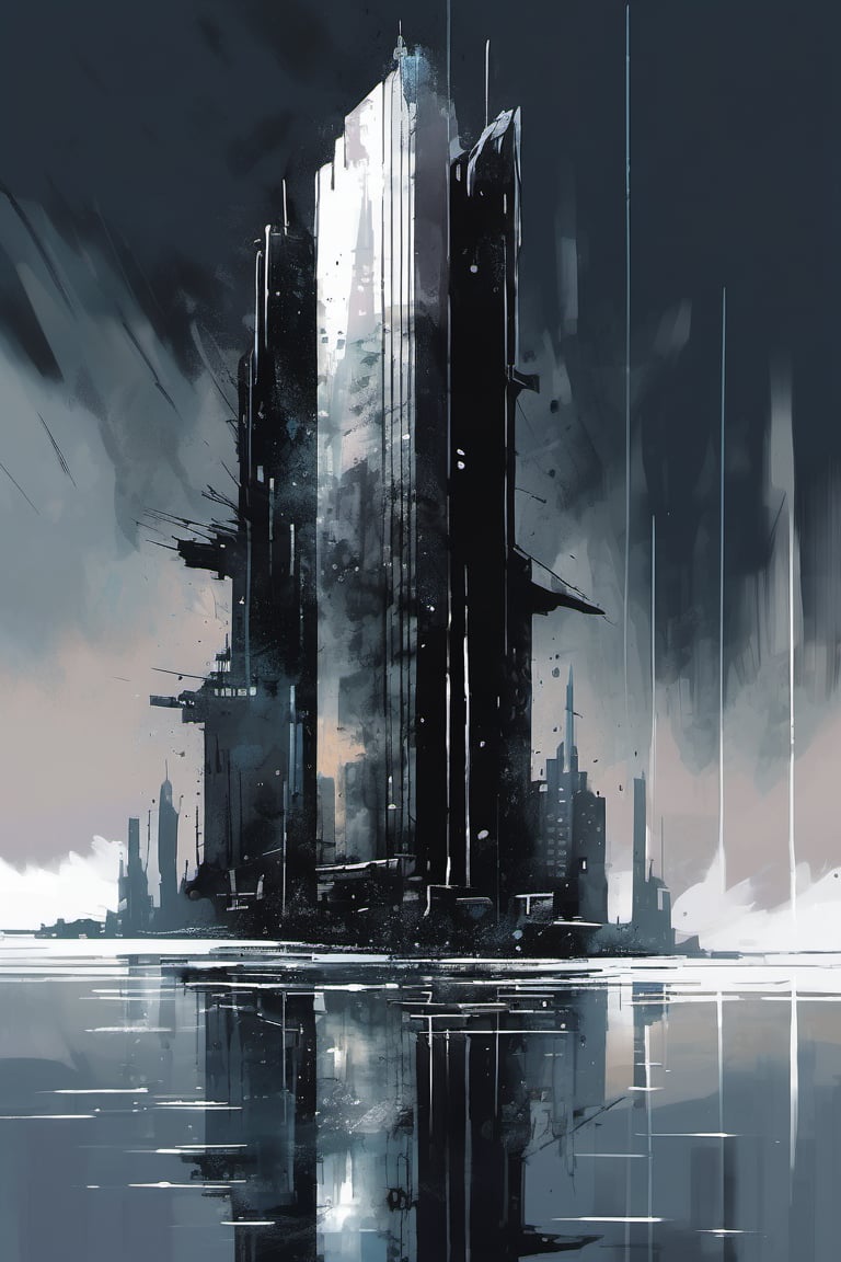 void, left blank, ultra fine painting, water ink splash, cyberpunk dark mega city side view, reflection, (cold-tone), (gravity defying skyscraper), 