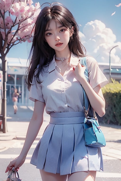 (panoramic), (cowboy shot), 1girl, solo, long hair, looking at viewer, skirt, shirt, black hair, hair ornament, jewelry, very long hair, white shirt, flower, earrings, outdoors, sky, choker, day, cloud, hair flower, water, bag, tree, blue sky, see-through, white skirt, cherry blossoms,Tomoeda_elementary_school_cheerleading_uniform,better_hands,1 girl