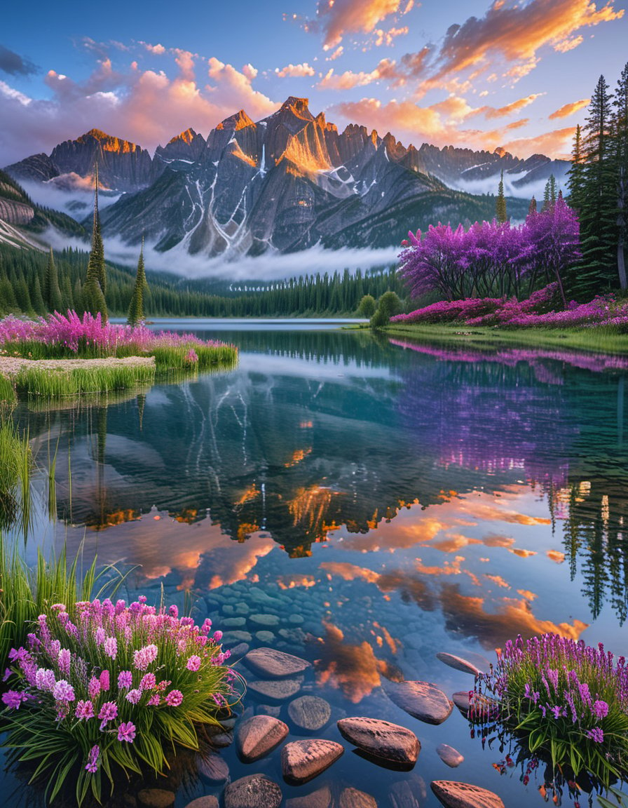 In a breathtaking dawn scene, majestic mountains and trees stand tall against a cerulean sky, where wispy white clouds drift lazily. The calm lake's surface mirrors the celestial canvas above, with gentle ripples creating a mesmerizing reflection. Amidst this serene backdrop, velvety purple grass sways softly, punctuated by vibrant lavender hues. Radiant flowers bloom in every direction, imbuing the landscape with an otherworldly magic. Framed within a Sony camera's 8K lens, the ultra-realistic scenery is captured in stunning cinematic detail, inviting viewers to step into this enchanting world.